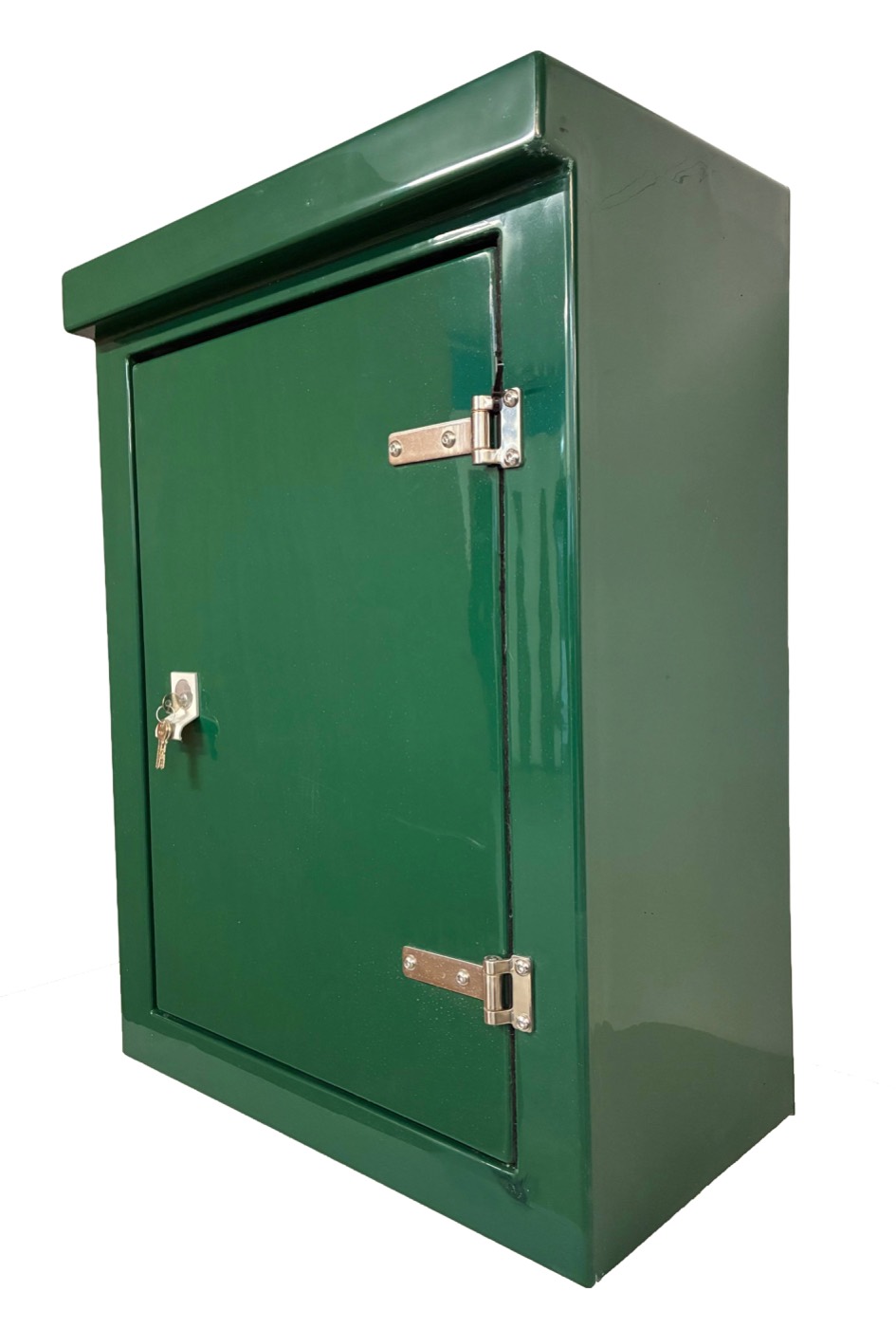 Green single-door GRP cabinet with rain overhang