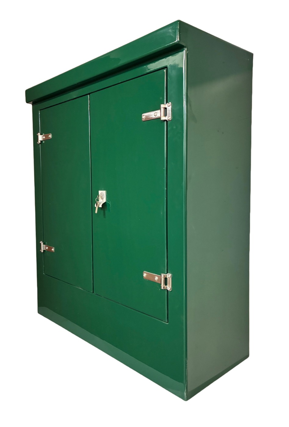 Green double-door GRP equipment cabinet